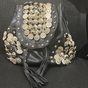 Black Embellished Tassel Drawstring Women's Bag